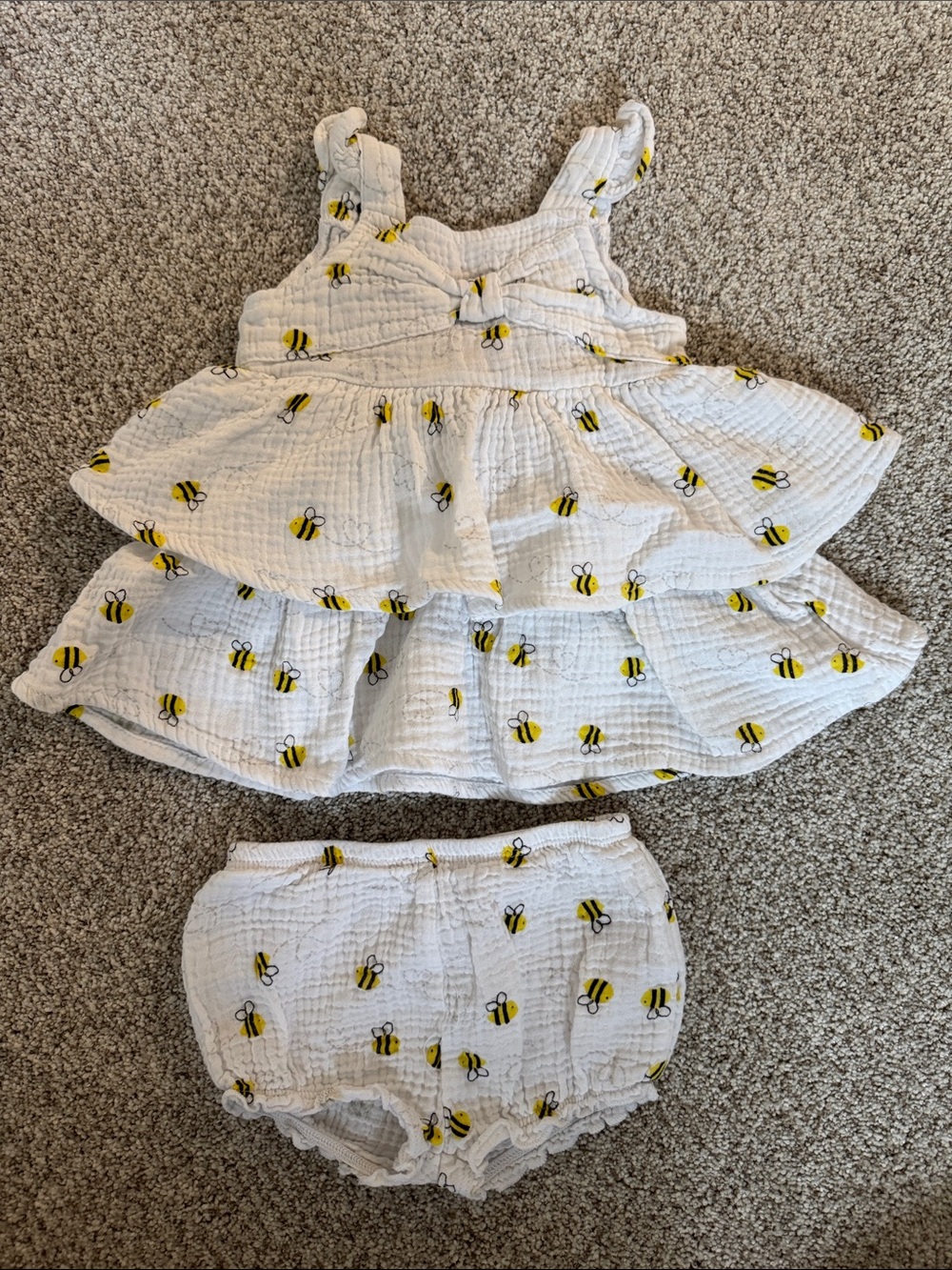 Baby Girls White Bee Ruffle Dress with Matching Bloomers